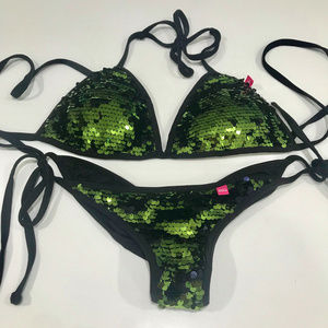 Scrunch Butt Bikini with Emerald and Black Sequins